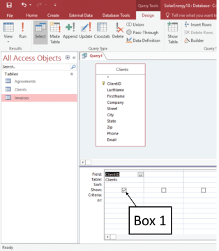 In the accompanying figure of a Microsoft Access 2016 document, if you check the option that Box 1 is pointing to, the _____. ​ ​   A) data in a query data sheet is duplicated B) table is not hidden in the database C) field is displayed in the query datasheet D) queries are saved for future modification