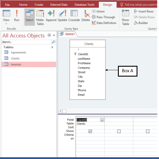 In the accompanying figure of a Microsoft Access 2016 document, Box A points to a _____. ​   A) design grid B) resized field list C) recordset D) subdatasheet