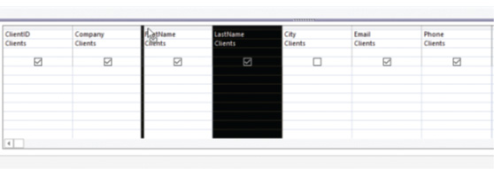 In the accompanying figure of a Microsoft Access 2016 document, which of the following fields will not appear in the query results and why? ​ ​ ​   A) The FirstName field will not appear because it is being dragged. B) The LastName field will not appear because the column is selected. C) The City field will not appear because the Show check box is not selected. D) The ClientID field will not appear because it is not the primary key field.