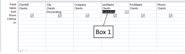 In the accompanying figure of a Microsoft Access 2016 document, which of the following is Box 1 pointing to? ​ ​   A) Tertiary sort field B) Primary sort field C) Secondary sort field D) Quaternary sort field