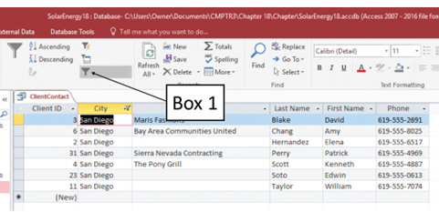 In the accompanying figure of a Microsoft Access 2016 document, which of the following is Box 1 pointing to? ​ ​ ​   ​ A) Remove Selection button B) Toggle Filter button C) Advanced Filter button D) Remove Sort button