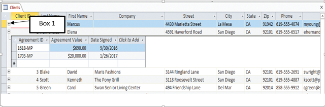 In the accompanying figure of a Microsoft Access 2016 document, which of the following symbols is Box 1 pointing to? ​ ​   A) Navigation icon B) Expand icon C) Filter icon D) Edit icon