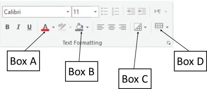 In the accompanying figure of a Microsoft Access 2016 document, which of the following boxes is pointing to the Alternate Row Color button? ​ ​   A) Box A B) Box B C) Box C D) Box D