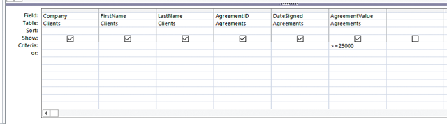 In the accompanying figure of a Microsoft Access 2016 document, the criteria mentioned in the AgreementValue field yields query results that include records with a value _____. ​ ​   A) less than $25,000 in the AgreementValue field B) greater than $25,000 only in the AgreementValue field C) of 0 to $25,000 in the AgreementValue field D) of $25,000 or more in the AgreementValue field