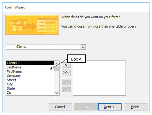 In the accompanying figure of a Microsoft Access 2016 Form Wizard dialog box, Box A points to the _____. ​   ​ A) selected tables B) available fields C) selected fields D) available tables