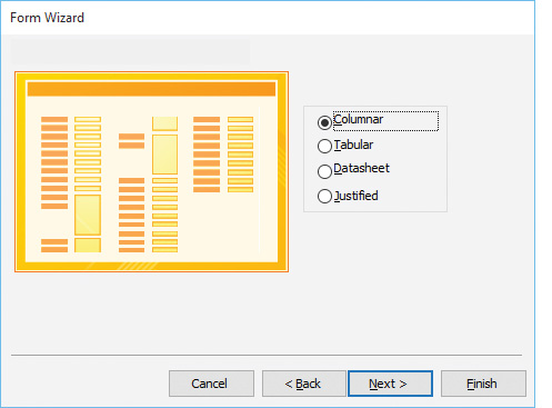 ​ In the accompanying figure of a Microsoft Access 2016 Form Wizard dialog box, Box A points to the selected _____.   A) query B) table C) field D) layout