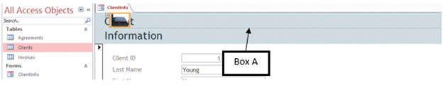 ​ In the accompanying figure of Microsoft Access 2016, Box A points to the _____.   A) control layout containing a picture B) control toolbar containing a property sheet C) selected database control theme D) database title control information