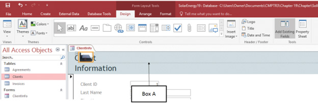 In the accompanying figure of Microsoft Access 2016, the dotted line that Box A points to indicates that the _____. ​ ​   A) control layout is removed B) control layout is selected C) control panel is divided into two regions D) control panel is shared with other forms