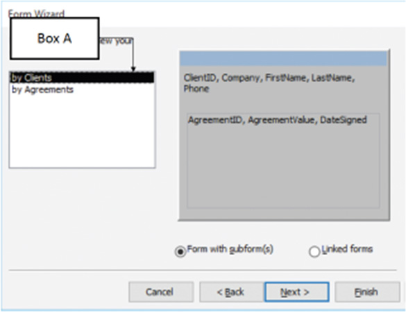 ​ In the accompanying figure of Microsoft Access 2016, Box A points to the _____.   A)  layout of data in linked form B) order in which data will be displayed C) data extracted from a main form D)  title for the subform
