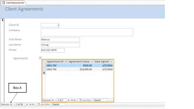 ​ In the accompanying figure of Microsoft Access 2014, Box A points to the _____.   A) subform record navigation bar B) linked form record in the taskbar C) unpinned form record in the taskbar D) main form record navigation bar