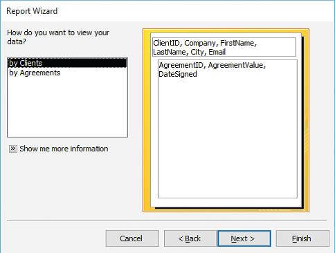 ​ The accompanying figure of a Report Wizard in Microsoft Access 2016 shows two tables, Clients and Agreements. Here, the data in the report is _____.   A) grouped by table B) left-oriented in the tables C) ungrouped by table D) right-oriented in the tables