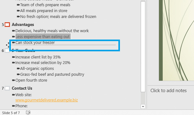 ​ In the accompanying figure of a Microsoft PowerPoint 2016 presentation, the highlighted horizontal line denotes:   A) the position where a selected item will be placed. B) the insertion point in the text placeholder. C) the position where the current slide ends and a new slide begins. D) the point after which items are demoted to second-level bullets.