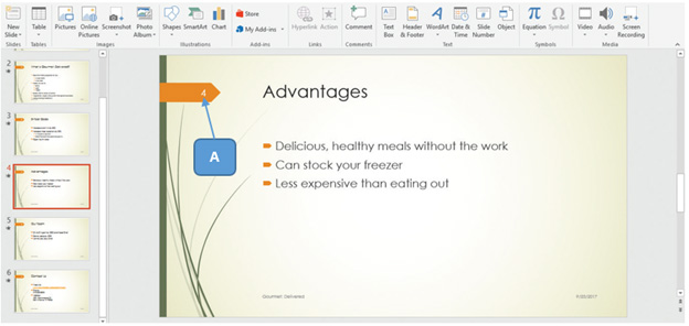 ​ In the accompanying figure of a slide from PowerPoint 2016, box A denotes the _____.   A) caption number B) header C) footer D) slide number