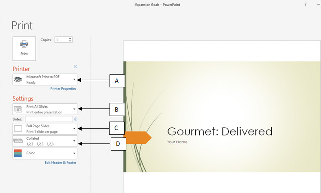 ​ In the accompanying figure of a Microsoft PowerPoint 2016 presentation, which of the following box is pointing to the option for printing slides as handouts. ​   A)  ​C B)  ​D C)  ​A D)  ​B