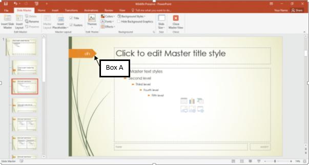 ​ In the accompanying image of Microsoft PowerPoint 2016, Box A points to the _____ placeholder.   A) Date B) Title C) Header and Footer D) Slide Number