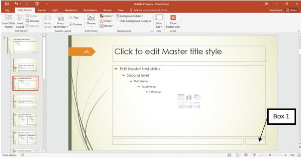 In the accompanying image of Microsoft PowerPoint 2016, Box A points to the _____ placeholder.   ​ A) Date B) Slide Number C) Title D) Footer