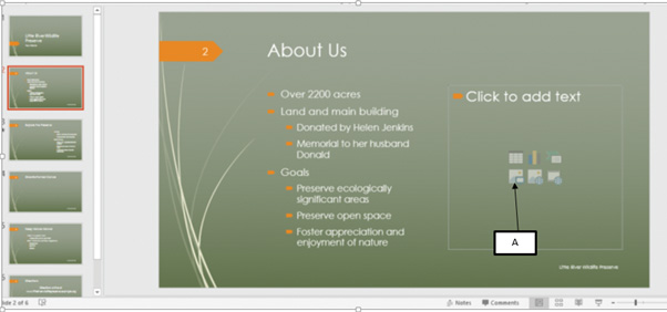 ​ In the accompanying image of Microsoft PowerPoint 2016, Box A points to the _____ button. ​   A) Title B) Insert Table C) Pictures D) Insert Video