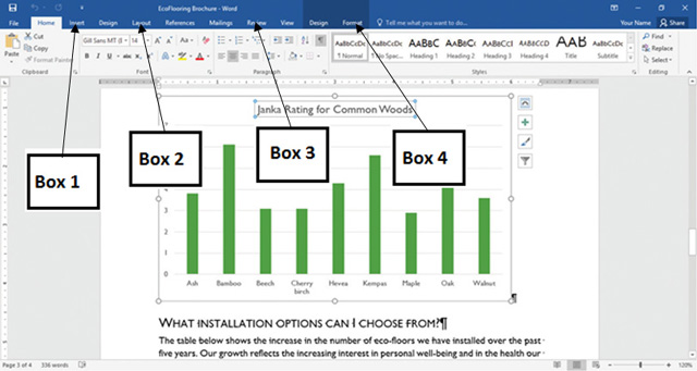 <strong> In the accompanying figure of Microsoft Word 2016, which of the following boxes points to the Excel Chart Tools for the inserted chart? </strong> A) Box 1 B)Box 2 C)Box 3 D)Box 4