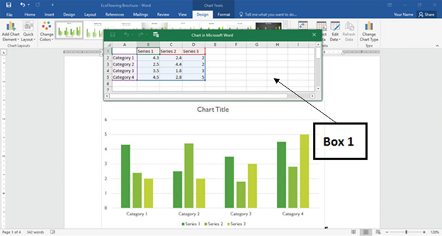 ​ In the accompanying figure of Microsoft Excel 2016, which of the following best describes the purpose of the component that Box 1 indicates? ​   A)  ​​ It allows you to save a worksheet as a chart in Word. B) It allows you to modify the data in an embedded chart. C)  It allows you to link a chart to a Word file. D)  It allows you to change the formatting of an embedded chart.