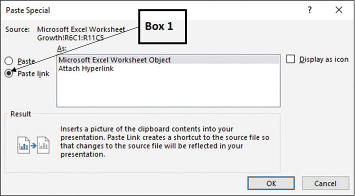 ​In the given snippet from Microsoft Word 2016, the option that Box 1 indicates allows you to: ​   A) link copied data to Word. B) link copied data as a hyperlink to Word. C) paste a copied item as an image in Word. D) paste a copied item as an embedded object in Word.