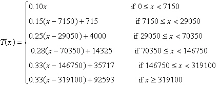 The amount of federal income tax   an individual owed in 2004 is given by   where x is the adjusted gross income tax of the taxpayer. What is the domain of this function? Write answer in interval notation. A)    B)    C)    D)    E)   