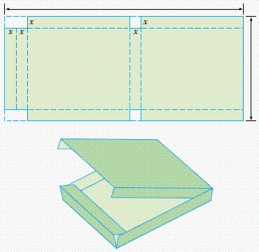 A closed box is to be constructed from a rectangular sheet of cardboard that measures 21 inches by 10 inches. The box is made by cutting rectangles that measure x inches by 2 x inches from two of the corners and by cutting two squares that measure x inches by x inches from the top and from the bottom of the rectangle, as shown in the following figure. Use a graphing calculator to determine what value of x (to the nearest thousandth of an inch) will produce a box with maximum volume?   A) 1.918 B) 7.709 C) 1.352 D) 1.513 E) 6.082