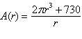 A cylindrical soft drink can is to be made so that it will have a volume of 365 milliliters. If r is the radius of the can in centimeters, then the total surface area A of the can is given by the rational function   . Use the graph of A to estimate the value of r , to the nearest tenth of a centimeter, that will yield the minimum total surface area? A) 7.1 cm B) 9.7 cm C) 19.4 cm D) 3.9 cm E) 3.1 cm