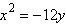 Find the vertex, focus, and directrix of the parabola given by the equation.   A) vertex: (0, -3) , focus: (0, 0) , directrix: y = 3 B) vertex: (0, 0) , focus: (0, 3) , directrix: y = -3 C) vertex: (0, 0) , focus: (0, -3) , directrix: y = 3 D) vertex: (0, 0) , focus: (0, -12) , directrix: y = 12 E) vertex: (0, -3) , focus: (0, 3) , directrix: y = 0