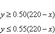 The sprinters on a track team use the following system of inequalities to determine their targeted exercise heart rate ranges for their workouts.   In this system, y is the person s exercise heart rate in beats per minute and x is the person s age in years. Use the system of inequalities to determine the targeted exercise heart rate range for a sprinter who is 23 years old. Round the minimum and maximum targeted heart rates to the nearest beat per minute. A) between 197 and 202 beats per minute B) between 99 and 108 beats per minute C) between 174 and 178 beats per minute D) between 87 and 98 beats per minute E) between 99 and 108 beats per minute.