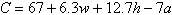 The minimum number of calories necessary, per day, for a female to maintain basic life processes such as blood circulation, body temperature and breathing can be approximated by the formula   , where w is the person s weight in pounds, h is their height in inches and a is their age in years. Approximate the calories needed to sustain life for a 33 year old female weighing 124 pounds and 4 feet 11 inches tall. Round to nearest whole number. A) 808 calories B) 1227 calories C) 1829 calories D) 1367 calories E) 1689 calories
