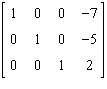 The augmented matrix of a system of linear equations is given below in reduced row-echelon form. What is the solution to this system?   A)    B)    C)    D)    E)   