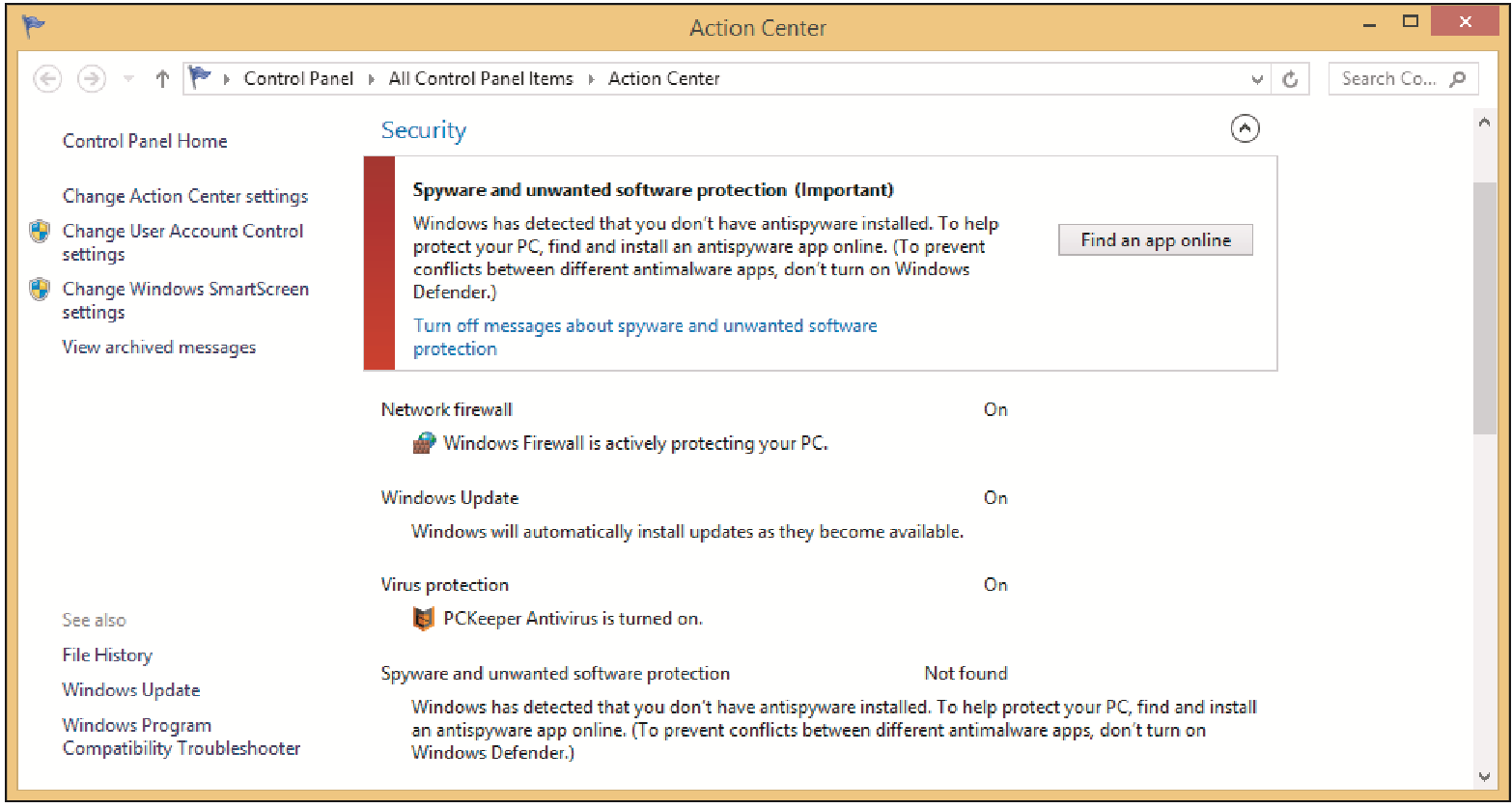 Holly is trying to use Windows Defender to run an antivirus scan. Windows Defender refuses to run. She notices a problem when she tries to update Windows Defender and it fails. When Holly opens the Action Center she sees this screen.   What has happened to Holly's computer? A)  She has received a spam message. B)  She has received a security alert message. C)  Someone has hijacked her email. D)  She has downloaded a rogue antivirus.