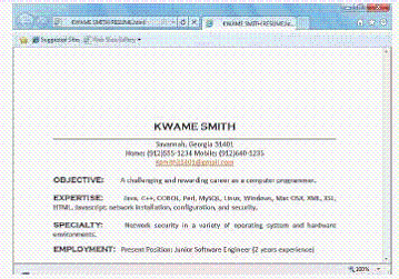   As shown in the accompanying figure, you might also want to create ____ versions of your résumé. A)  TIFF and PDF B)  DOC and RTX C)  HTML and XML D)  XHTML and XFF