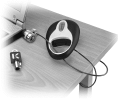   Which of the following statements it NOT true about the figure shown above? A) It is a specially designed lock. B) It can be attached to a cable. C) It is used to prevent theft. D) It cannot be fastened to a desk.