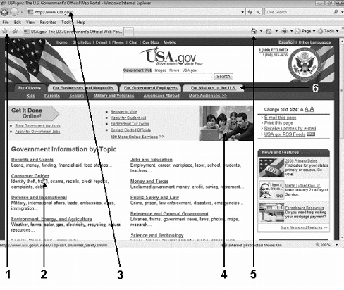  In the above figure, Item ____ refers to a common browser feature which allows you to display your home page. A) 1 B) 4 C) 5 D) 6