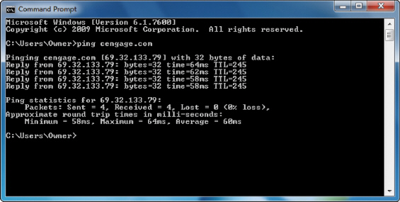   The above figure shows the ____ command. A)  reply B)  ping C)  prompt D)  packet