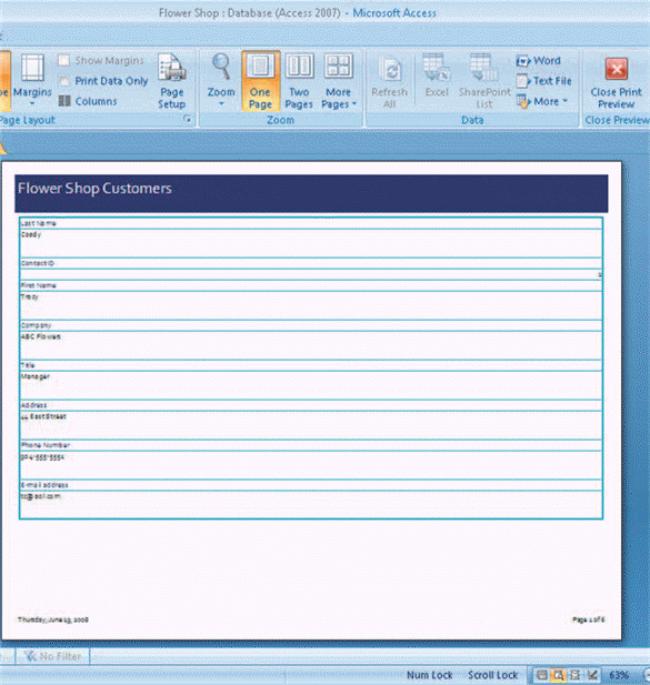FIGURE 7-1   Figure 7-1 above shows an Access ____ in Print Preview. A)  table B)  form C)  query D)  report