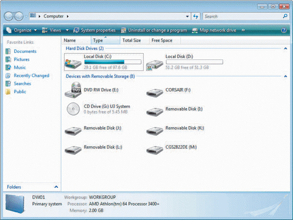 FIGURE 9-1   The Computer window in Figure 9-1 above shows the storage devices displayed in ____ view. A)  Extra Large Icons B)  List C)  Details D)  Tiles