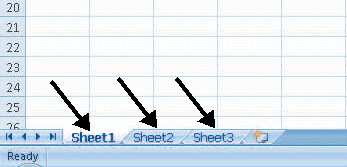 FIGURE 17-1   The arrows in Figure 17-1 above are pointing to ____. A)  active cells B)  cell references C)  Ribbon tabs D)  worksheet tabs