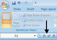 FIGURE 17-2   What is the arrow pointing to in Figure 17-2 above? A)  Cancel, Enter, and Insert Function buttons B)  Quick Access Toolbar C)  Status bar D)  Formula bar