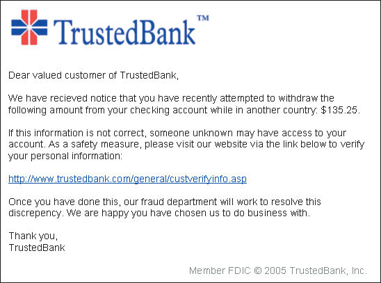 FIGURE 30-1   The message in Figure 30-1 above shows an example of ____. A)  hacking B)  phishing C)  sniffing D)  browser hijacking