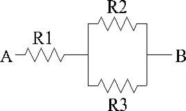     Refer to the diagram above and solve using the values provided.   R1 = 240 Ω , R2 = 300 Ω , and R3 = 1200 Ω .What is the resistance between A and B?