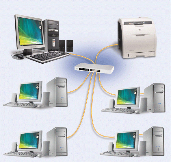 <strong> Figure 9-5 On a network such as the one illustrated in Figure 9-5, the central device that provides a common connection point for nodes on the network is called the ____.</strong> A) hub B) personal computer C) printer D) file server