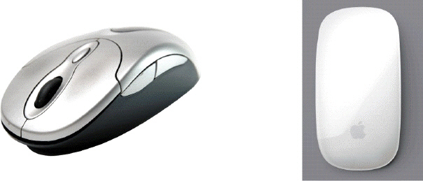   What kind of mouse, like the ones shown in the accompanying figure, uses devices that emit and sense light to detect movement? A)  mechanical B)  tracking C)  optical D)  enhanced