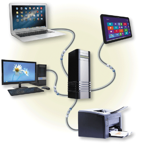   On what kind of network, such as that illustrated in the accompanying figure, do one or more computers act as a server and the other computers on the network request services from the server? A)  dedicated B)  client/server C)  integrated D)  indexed