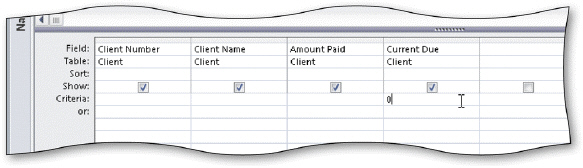   In the accompanying figure, the criterion for Current Due is 0.The query results for this query will display ____ in the Current Due field. A) 0) 00 B) $0 C) 0 D) $0.00