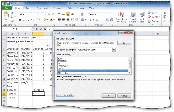   Clicking the _____ opens the Insert Function dialog box shown in the accompanying figure. A) Insert Function box on the formula bar B) Function dialog box launcher (Home tab | Calculations group)  C) Function button (Home tab | Function group)  D) Functions & Formulas button on the status bar