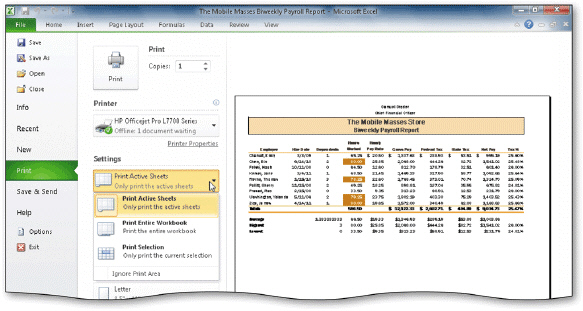   To print a range of cells in the active worksheet, click _____ in the Settings area in the Print gallery, as shown in the accompanying figure. A) Print Active Sheets B) Print Selection C) Print Entire Workbook D) none of the above
