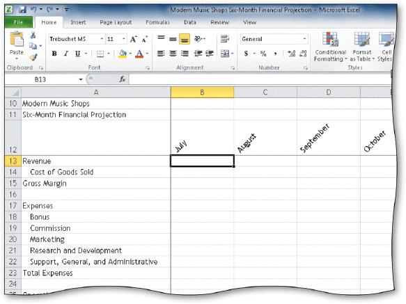     In the accompanying figure, worksheet titles are frozen above and to the left of cell B13.