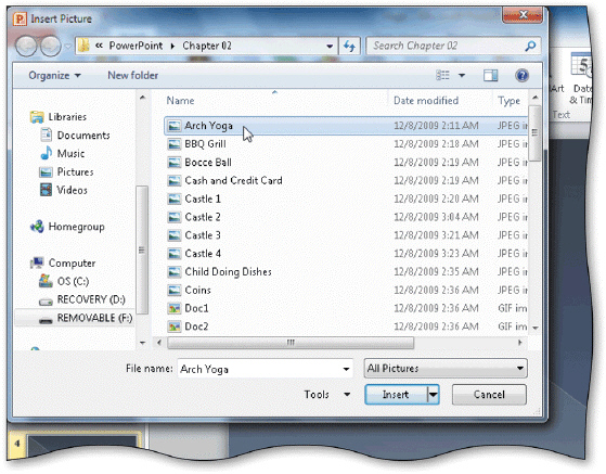   Clicking which of the following buttons opens the Insert Picture dialog box shown in the accompanying figure? A) Clip Art B) Insert Picture from File C) Screenshot D) New Photo Album